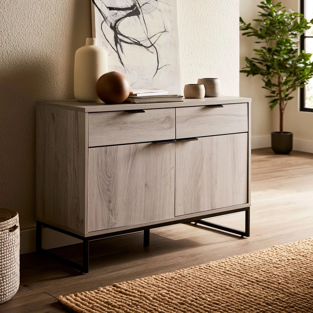 Credenza contenitore in legno, colore grigio e nero